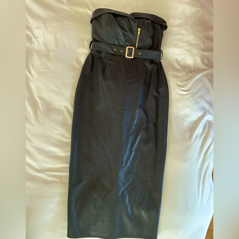 Black faux leather strapless dress